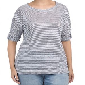 Adrienne Vittadini Plus 100% Linen 3/4 Sleeve Roll Tab Top 2X Tunic Striped Navy